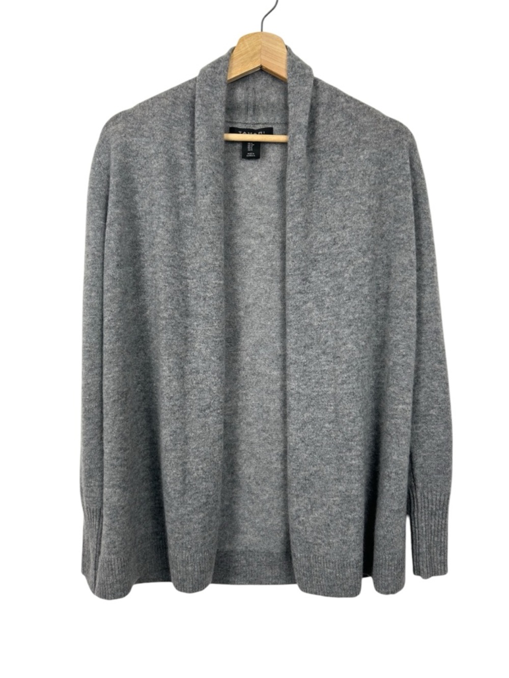 TAHARI NWOT 100% 2-Ply Cashmere Open Front Cardigan Sweater, Grey, Size Small